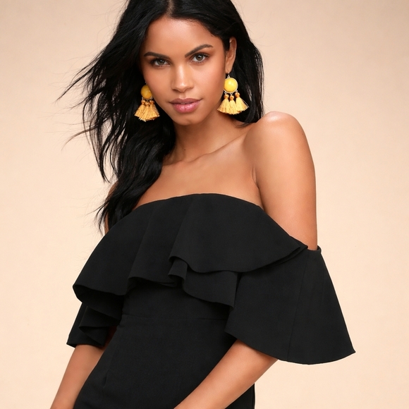 Lulus Aurelia Black Off-the-Shoulder Bodycon Midi Dress Size M - Picture 7 of 10